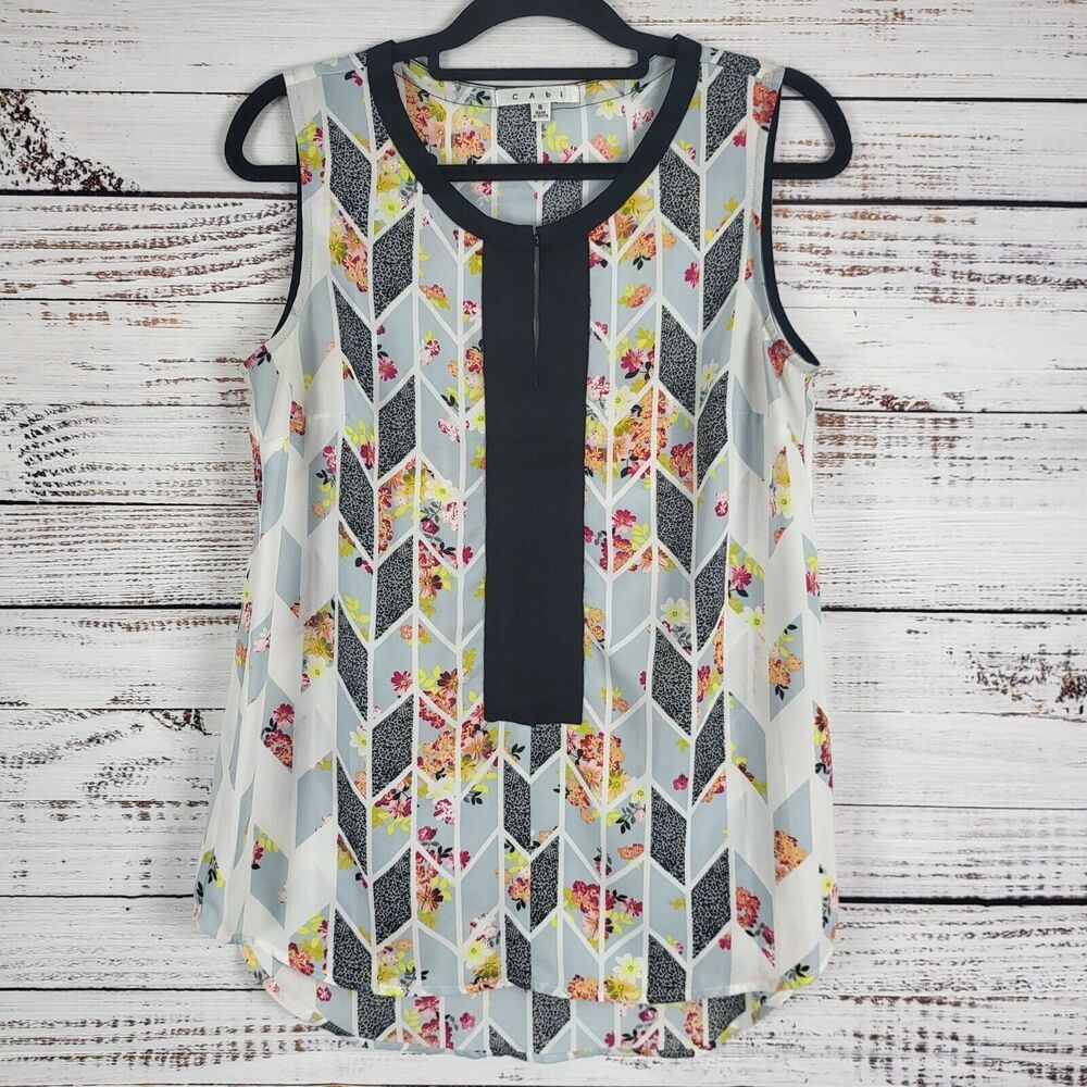 Cabi Tank Blouse S Womens Multicolor Floral Key Hole Front Crew Neck Pullover